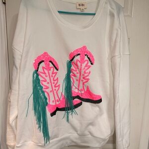 BiBi White Top with Pink and Teal Western Boot Design